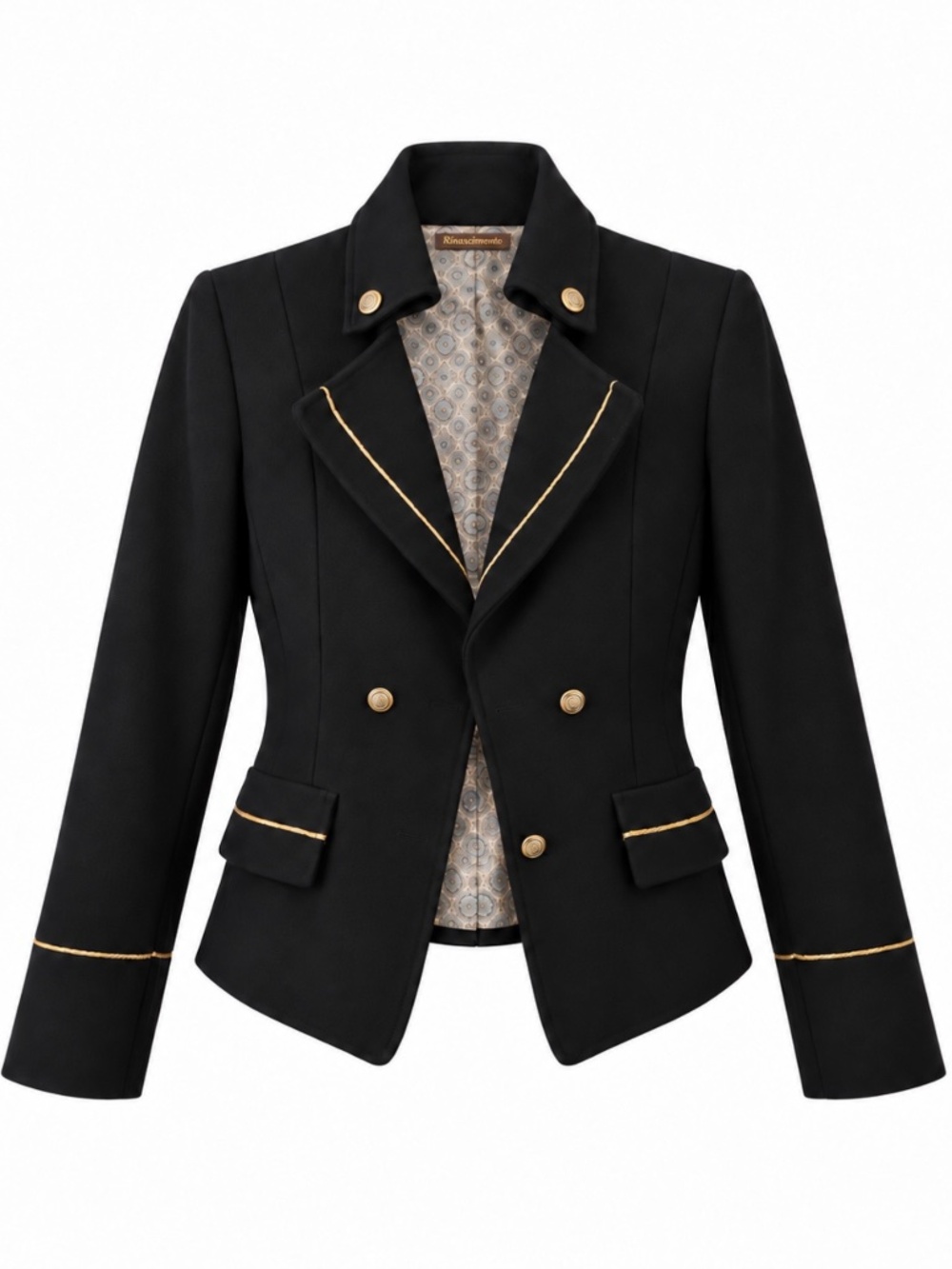 Rinascimento Black Military Style Blazer Gold Trim Size M Double Breasted Italy